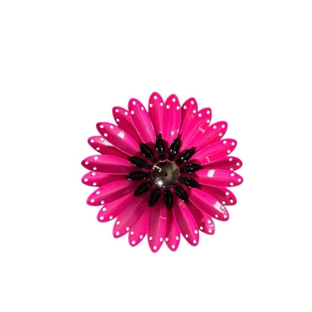 Vintage Hot Pink & Black Enamel Daisy Flower Brooch Pin